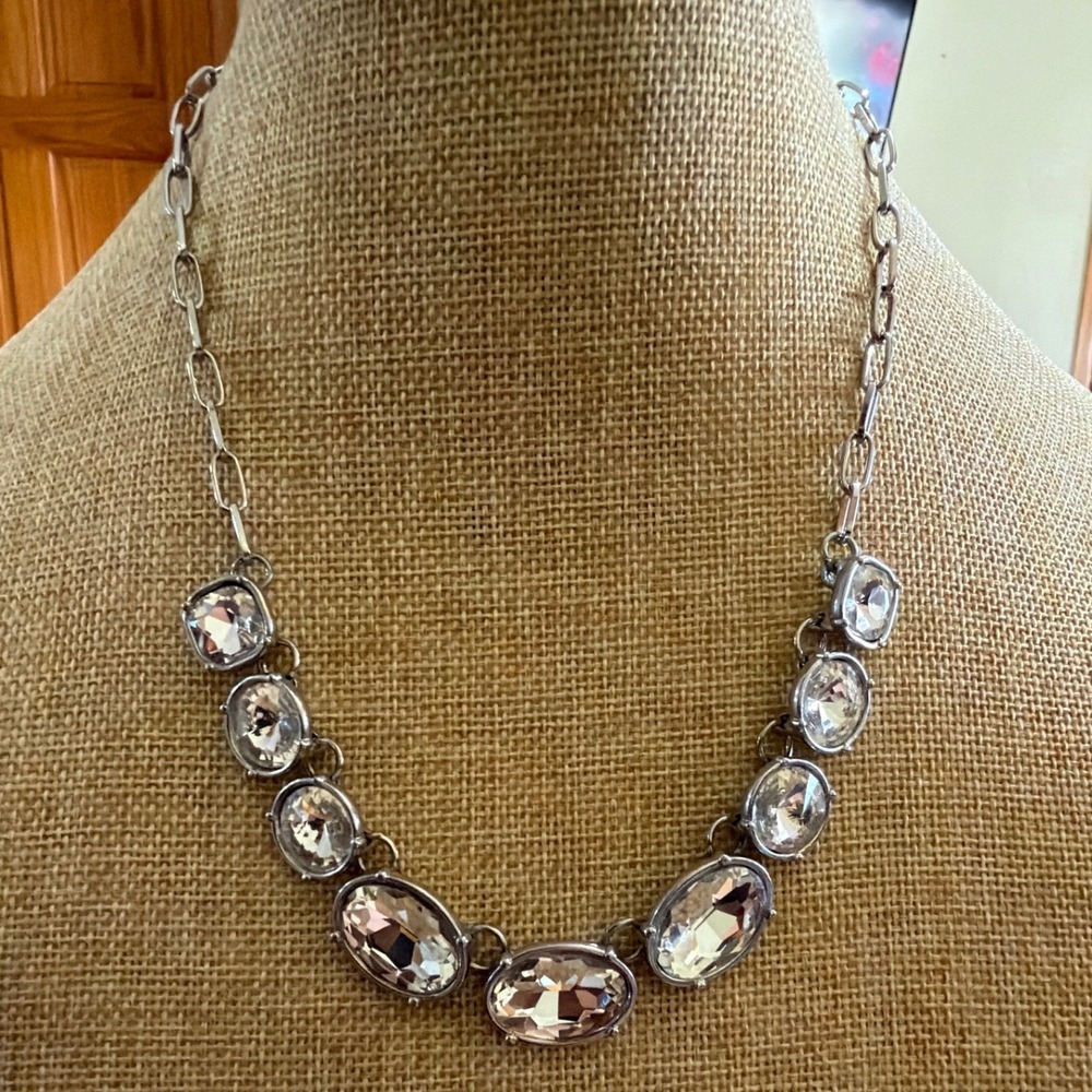 Silver Tone Clear Crystal Faceted Oval Statement Bib Necklace Adjustable Event